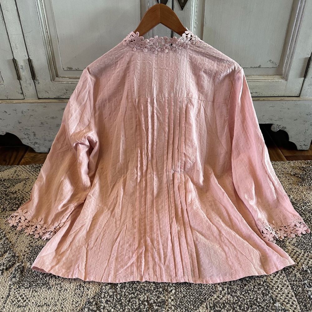 New Feminine Pink Lace Button Front Blouse Top Feminine 3/4 Sleeve Shirt Western - Picture 7 of 9